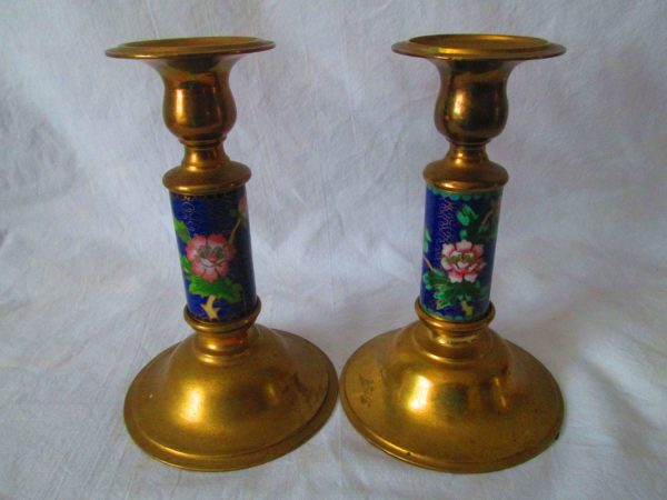 Beautiful Pair of Cobalt Cloisonne Candlestick holders Brass with Floral pattern cloisonne centers blue with pink floral