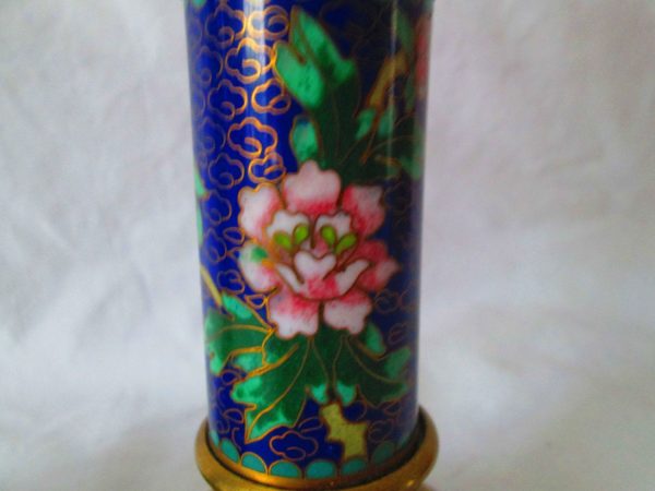 Beautiful Pair of Cobalt Cloisonne Candlestick holders Brass with Floral pattern cloisonne centers blue with pink floral