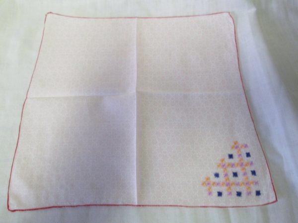Beautiful Pink White circles hanky with embroidered corner red trim Wow what a neat handkerchief collectible display cottage shabby chic