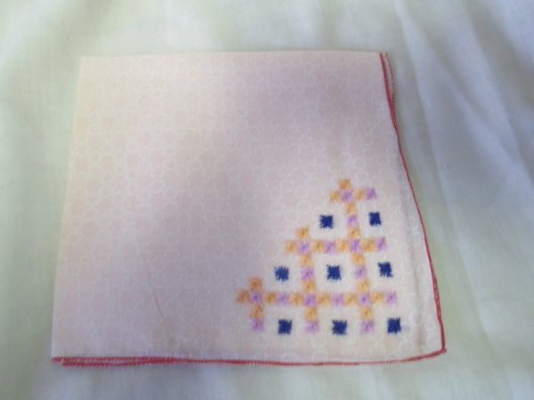 Beautiful Pink White circles hanky with embroidered corner red trim Wow what a neat handkerchief collectible display cottage shabby chic