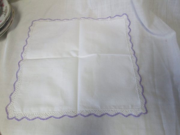 Beautiful Polished White Cotton Handkerchief Hankie white and Lavender crochet trim