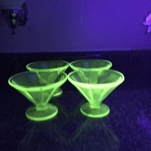 Beautiful Set of 4 Depression Green Uranium Glass footed Sorbet with paneled pattern glass farmhouse collectible display