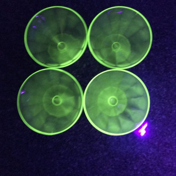 Beautiful Set of 4 Depression Green Uranium Glass footed Sorbet with paneled pattern glass farmhouse collectible display