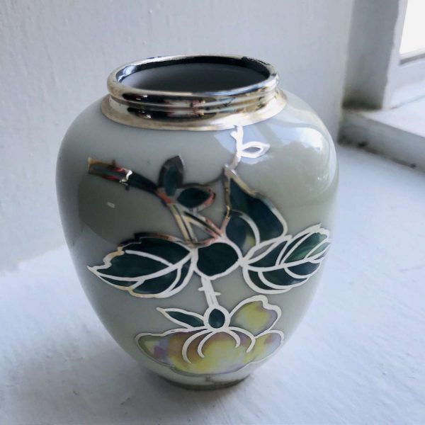 Beautiful Small Vase Hand painted yellow rose green leaves trimmed out with silver overlay collectible farmhouse display Stunning