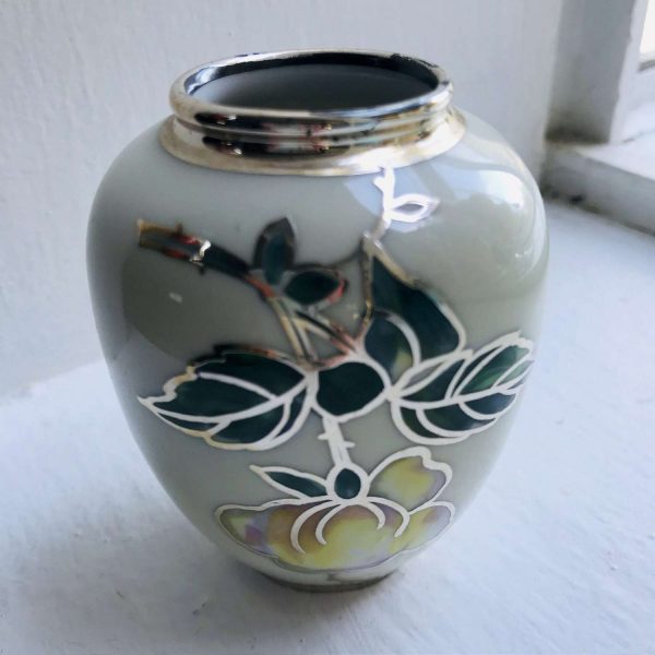 Beautiful Small Vase Hand painted yellow rose green leaves trimmed out with silver overlay collectible farmhouse display Stunning