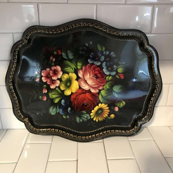 Beautiful Tole Painted Floral Serving Tray Dining Collectible Display Enameled metal display tray Mid Century Black with gold trim farmhouse