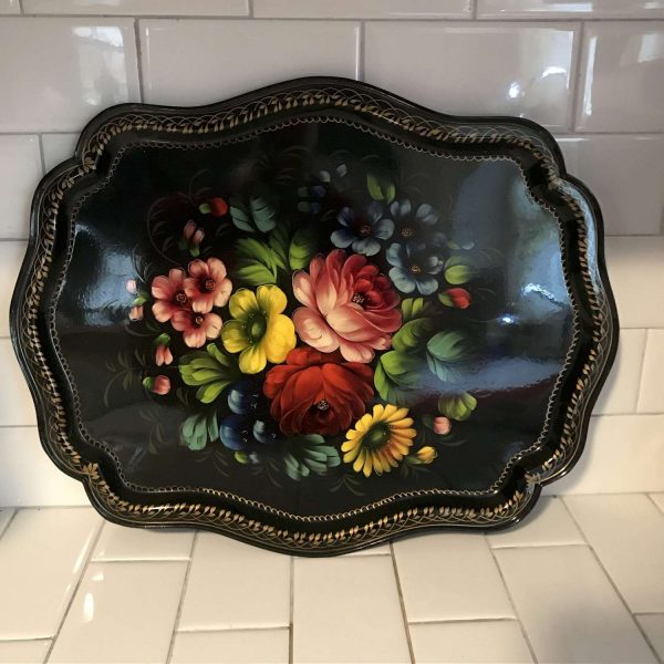 Beautiful Tole Painted Floral Serving Tray Dining Collectible Display Enameled metal display tray Mid Century Black with gold trim farmhouse