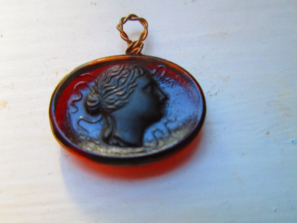 Beautiful Victorian Cameo Carved Stone Amber Color Womans Face wrapped in a gold wire Necklace fob drop
