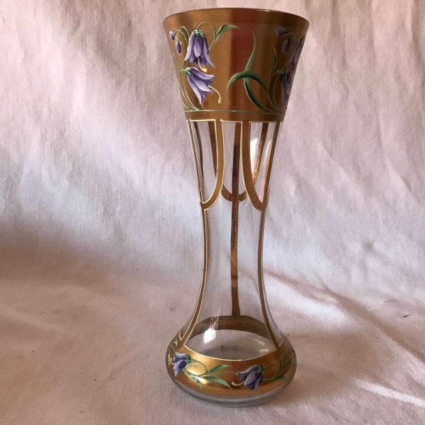 Beautiful Victorian Large Horn Vase hand decorated Purple floral with heavy gold enameled surface Glass Vase