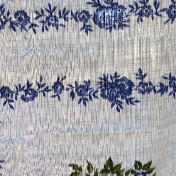 Beautiful Vintage Printed Cotton Retro Kitchen Tablecloth 36"x56" bright blue and olive green floral farmhouse kitchen crochet trim