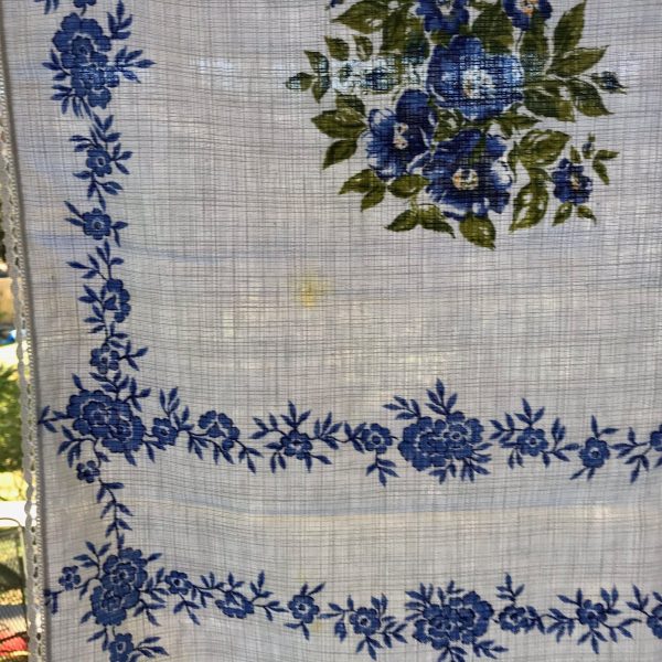 Beautiful Vintage Printed Cotton Retro Kitchen Tablecloth 36"x56" bright blue and olive green floral farmhouse kitchen crochet trim