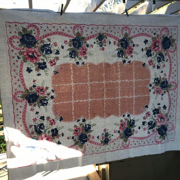Beautiful Vintage Printed Cotton Retro Kitchen Tablecloth 50" x 64"" Pink blue light green floral farmhouse kitchen