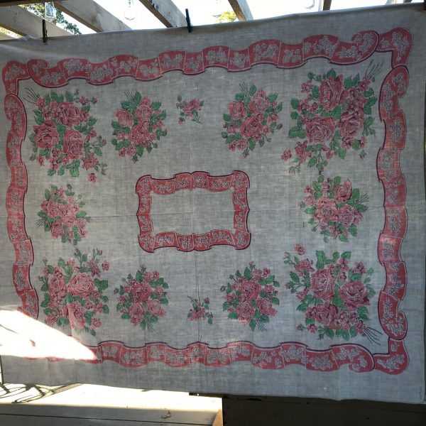 Beautiful Vintage Printed Cotton Retro Kitchen Tablecloth 51"x60" Pink aqua light green floral farmhouse kitchen