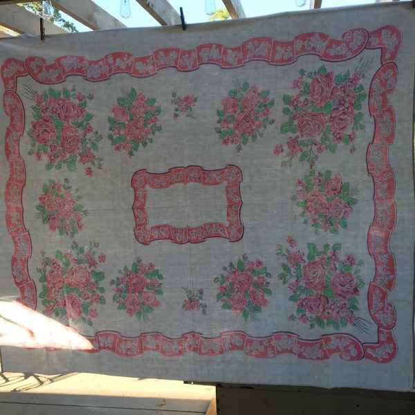 Beautiful Vintage Printed Cotton Retro Kitchen Tablecloth 51"x60" Pink aqua light green floral farmhouse kitchen