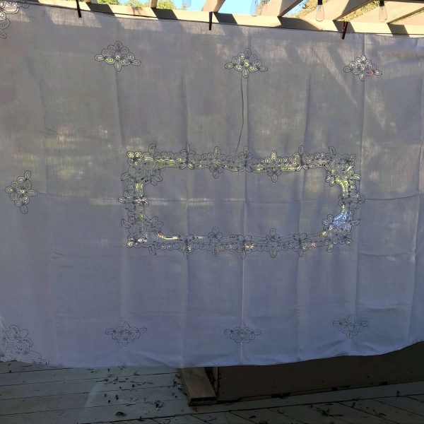 Beautiful white battenberg lace tablecloth 100% cotton with lace 64" x 88" Collectible linens dining decor holiday elegant country farmhouse