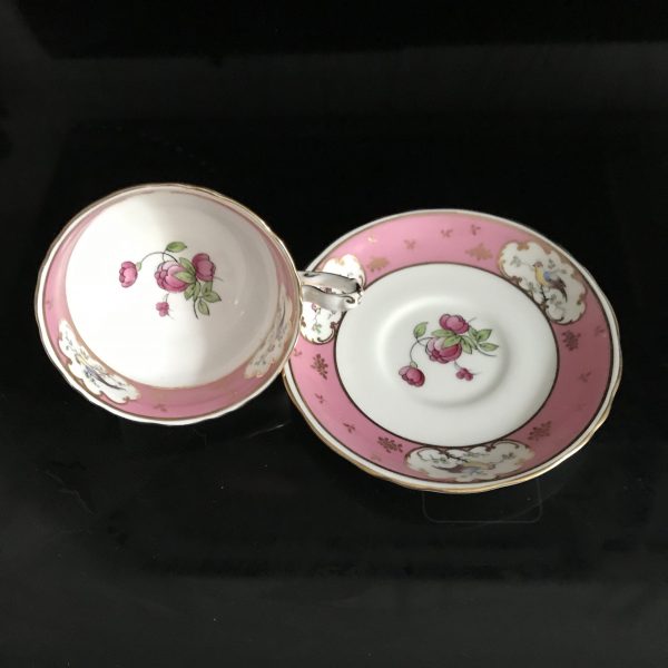 Bisto England tea cup and saucer England Fine bone china Birds with Pink rims gold trim Floral farmhouse collectible display coffee bride