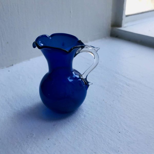 Blown Glass small pitcher applied clear ornate handle ruffled top cobalt blue farmhouse collectible display tiny fine glass