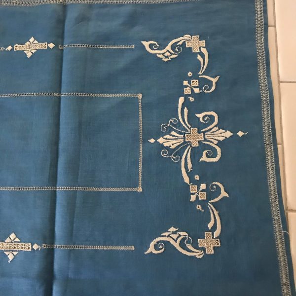 Blue Linen Embroidered cut work table runner fine linen ornate detail collectible shabby chic display dining table