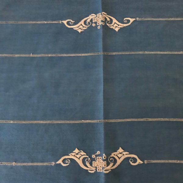 Blue Linen Embroidered cut work table runner fine linen ornate detail collectible shabby chic display dining table