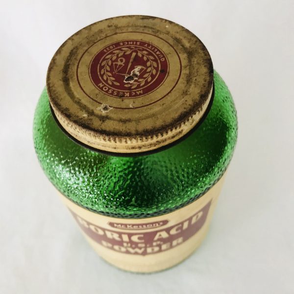 Bottle Vintage Boric Acid Apothecary Pharmacy medicine jar Medical collectible Upjohn Michigan with original label brown glass metal lid