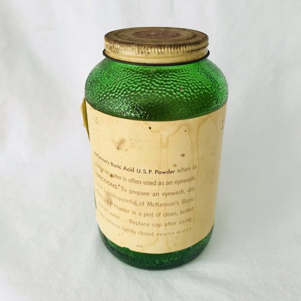 Bottle Vintage Boric Acid Apothecary Pharmacy medicine jar Medical collectible Upjohn Michigan with original label brown glass metal lid