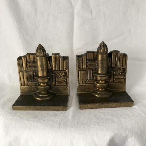 Brass book and candle bookends detailed collectible display farmhouse cabin study library antique home decor