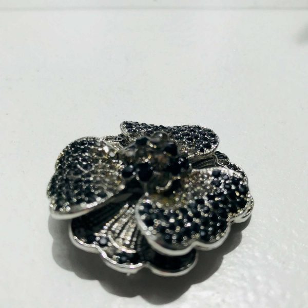 Brooch or Pendant Vintage Black and clear rhinestones floral silver tone nice quality jewelry pin brooch heavy rhinestones