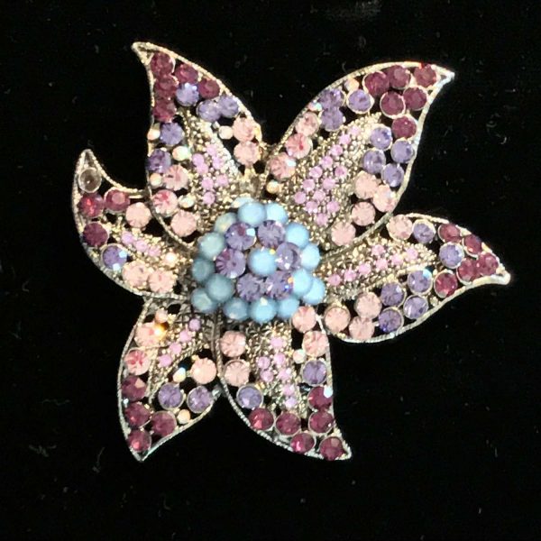 Brooch Vintage Blue purple and pink rhinestones floral silver tone nice quality jewelry pin brooch heavy rhinestones
