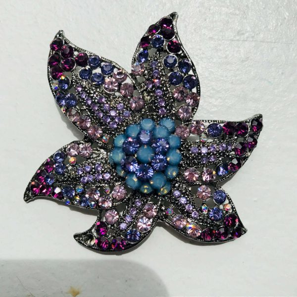 Brooch Vintage Blue purple and pink rhinestones floral silver tone nice quality jewelry pin brooch heavy rhinestones