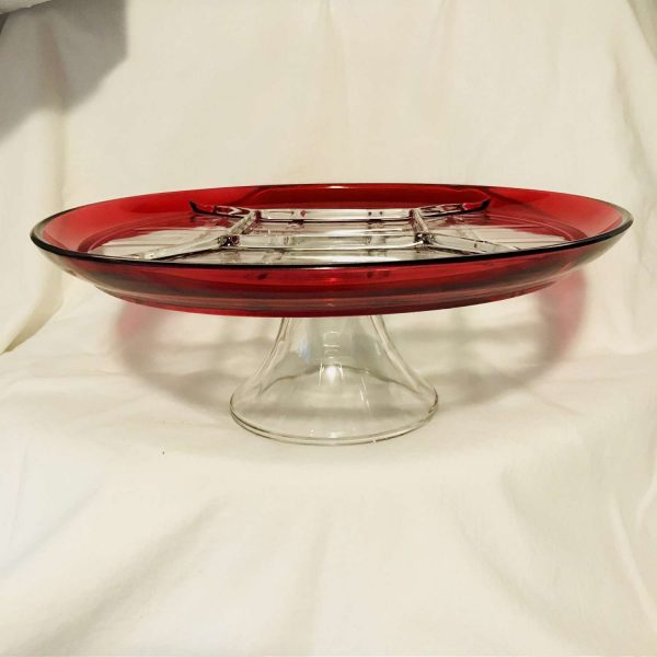 Cake Stand Plate Divided relish stand red rim dining serving Holidays special events collectible display glass kitchen