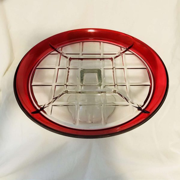 Cake Stand Plate Divided relish stand red rim dining serving Holidays special events collectible display glass kitchen