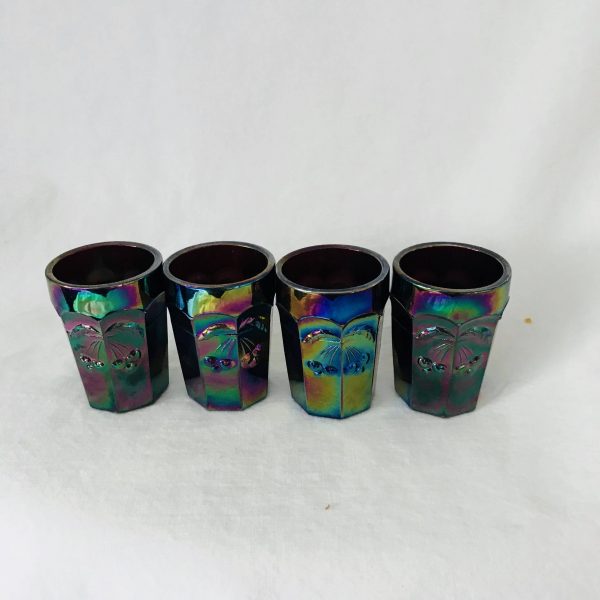 Carnival shot glasses set of 4 with Cherries on front and back dark blue iridescent collectible display barware dining serving drinkware