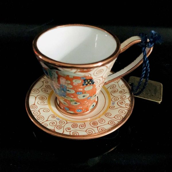 Charlotte di Vita Tea cup and saucer enameled C Meddicott H846 with metal tag Periwinkle blue on copper Cat Lover display collectible