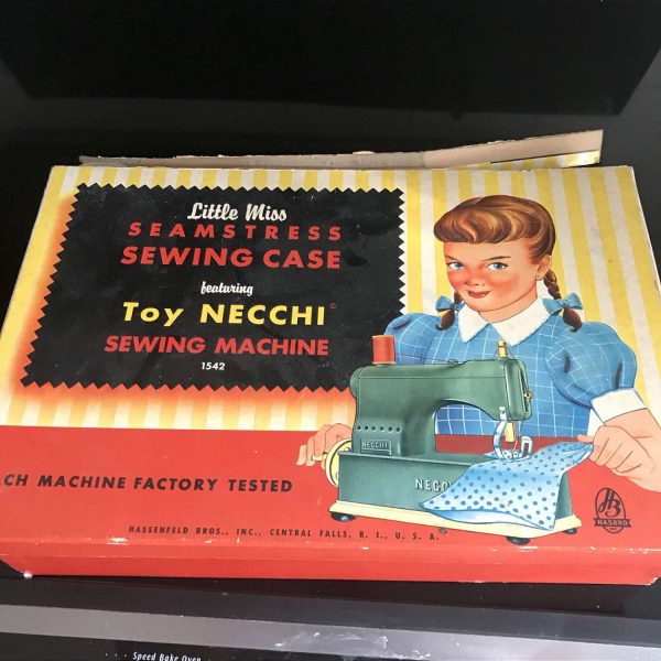 Child size Necchi little miss seamstress sewing machine gray & ivory hand crank plastic machine with cardboard box USA