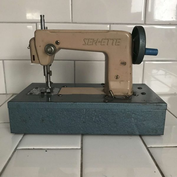 Child size SewEtte Blue and Beige sewing machine hand crank & Battery operated Japan Metal 1940's collectible display all metal