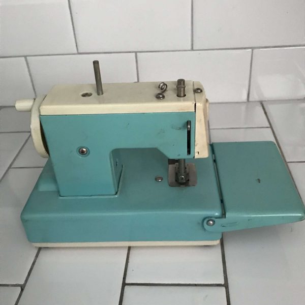 Child size Sewmate Aqua sewing machine hand crank & Battery operated Japan Metal 1940's collectible display