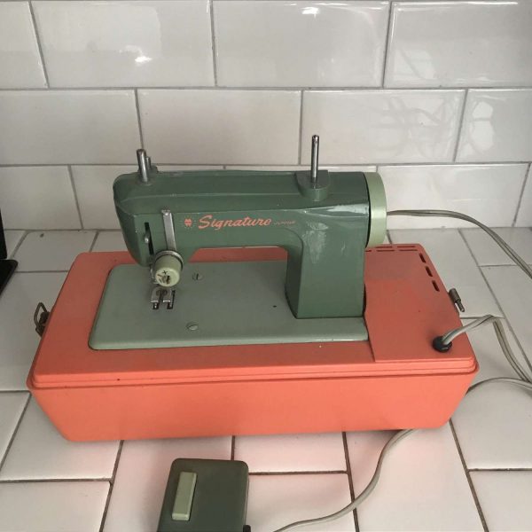 Child size Signature Juinor Electric sewing machine Bright orange & green All metal machine original 1950's Western Germany