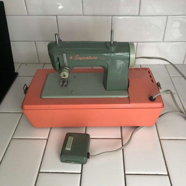 Child size Signature Juinor Electric sewing machine Bright orange & green All metal machine original 1950's Western Germany