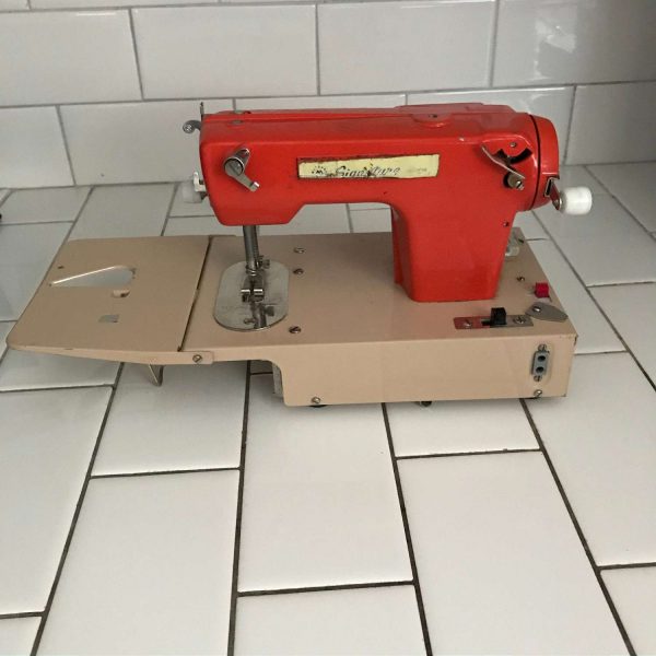 Child size Signature Junior sewing machine hand crank & Battery Operated Western Germany Metal drop panel front 1950's collectible display