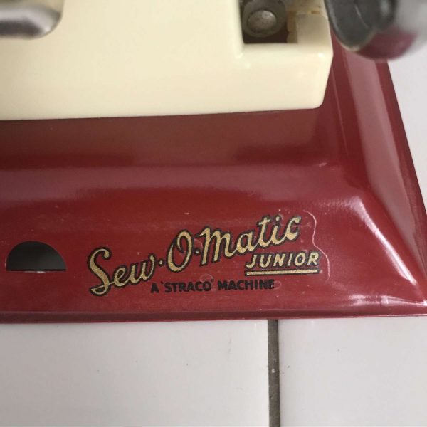 Child size Straco Sew-O-Matic Junior Red and Ivory sewing machine hand crank England Metal 1940's collectible display