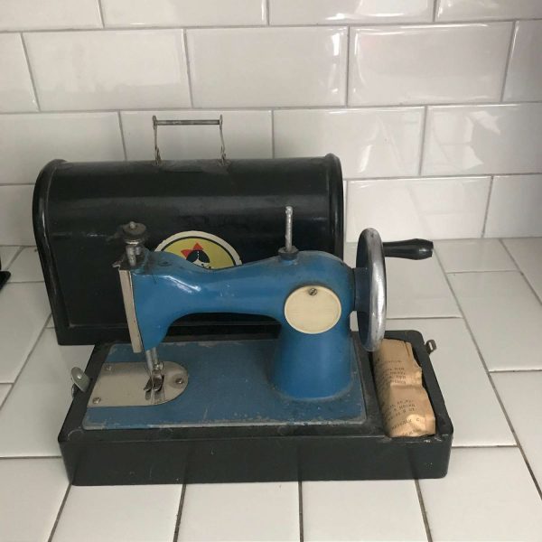 Child size USSR sewing machine Blue & black hand crank All metal original 1930's with case