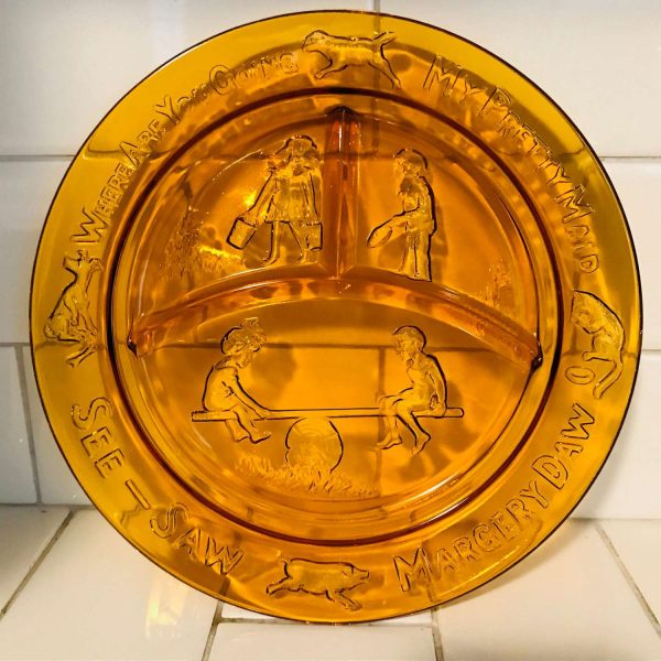 Child's divided Plate Amber Depression Glass Nursery rhymes farmhouse collectible display Dining Serving luncheon plate