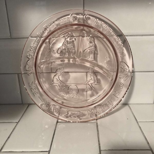 Child's divided Plate Pink Depression Glass Nursery rhymes farmhouse collectible display Dining Serving luncheon plate