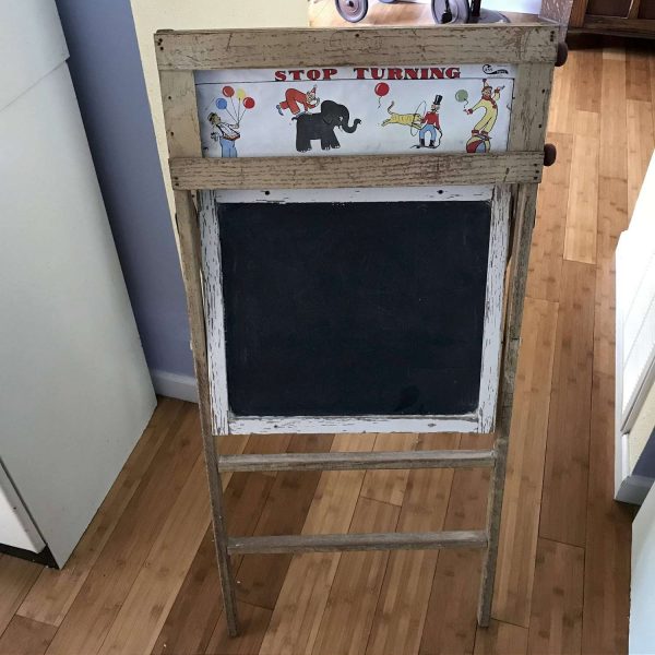 Child's Room Chalkboard Activity Center with Rolling pictures at the top and drop down work surface holds chalk pencils display collectible