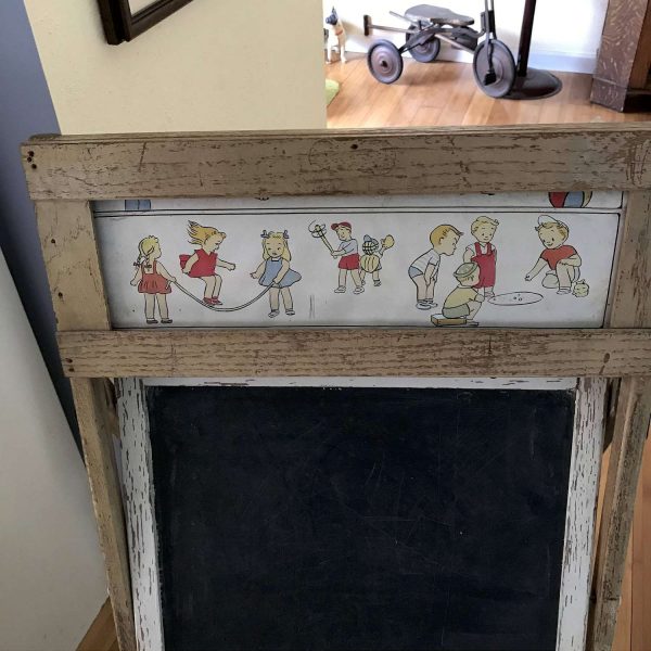 Child's Room Chalkboard Activity Center with Rolling pictures at the top and drop down work surface holds chalk pencils display collectible
