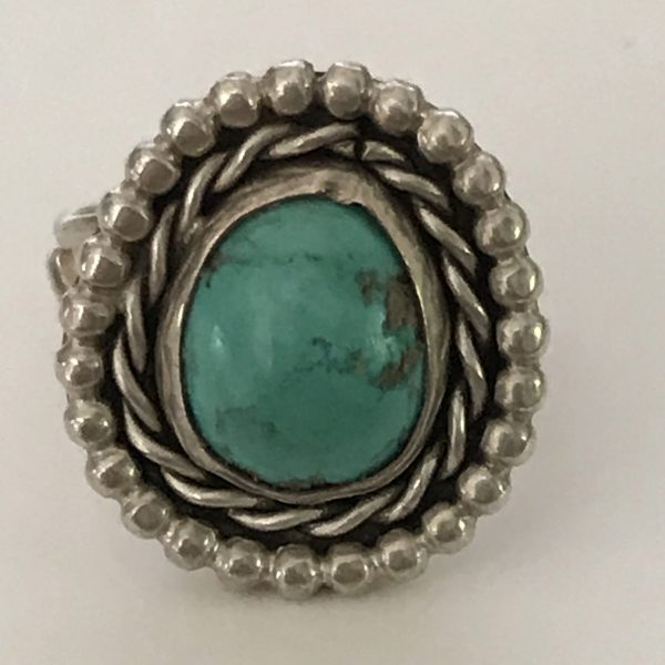 Child's Sterling silver vintage ring turquoise rope trim size 16 child's boho hippy 1970's southwestern cabochon
