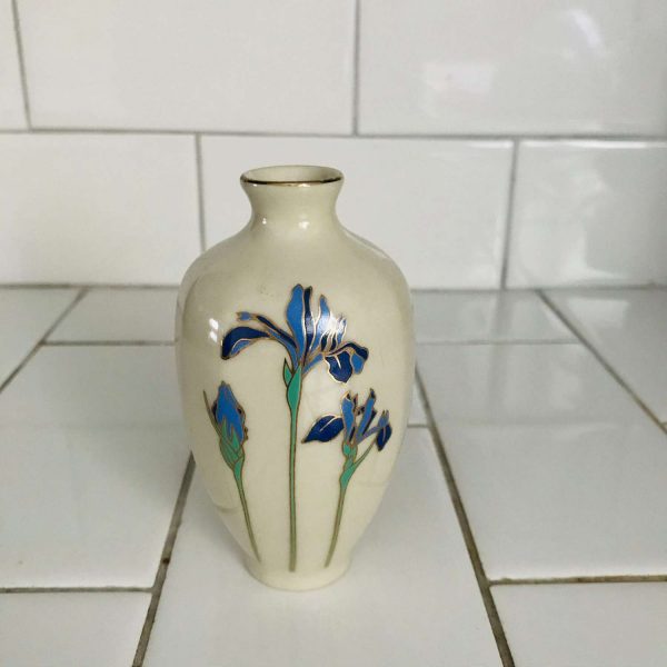 Chris Rhapsody Small Vase Otigari Japan gold overlay blue iris collectible farmhouse display Stunning