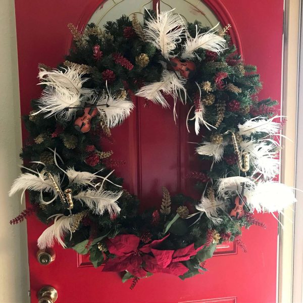 Christmas Wreat Hand made Stunning Musical Instruments Saxophones and Violins Poinsettias feathers and more door Holiday Wall hanging decor