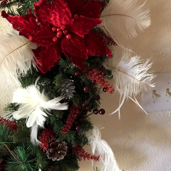 Christmas Wreath Beautiful Hand made 40" Bridal Wedding December Red Velvet Poinsettias White Feather flowers red berries Red Silver Accents
