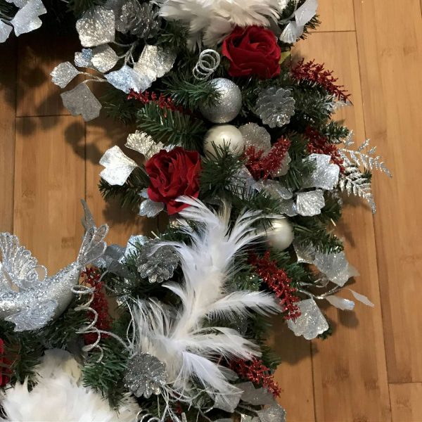 Christmas Wreath Beautiful Hand made Bridal Wedding December Red Roses & Snowball Feather flowers with feathers Silver Bird and accents 38"
